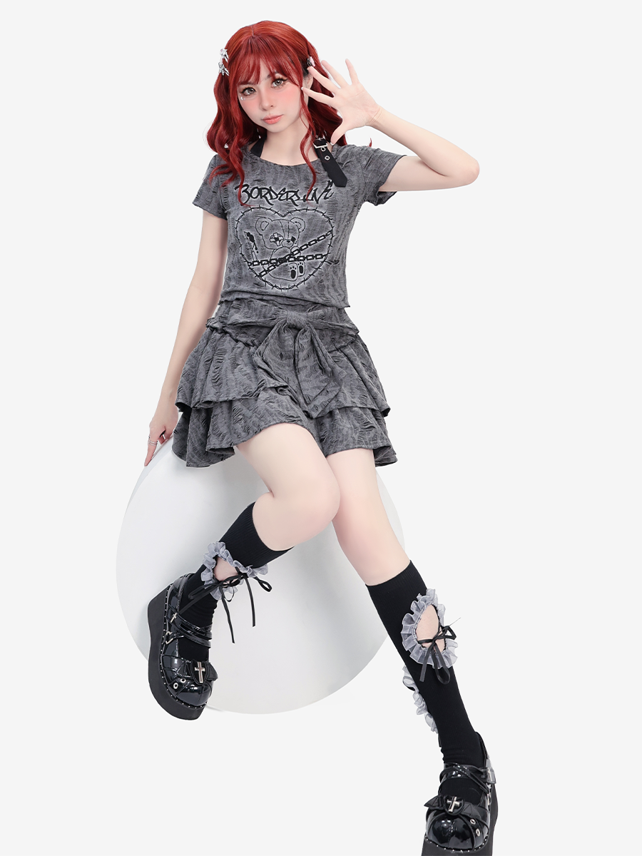 Bow Tie Distressed Wasteland Style Double-Layered Cake Skirt