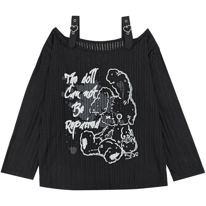 Distressed Bear Gothic Text Print Black Long Sleeve Buckle Strap Top