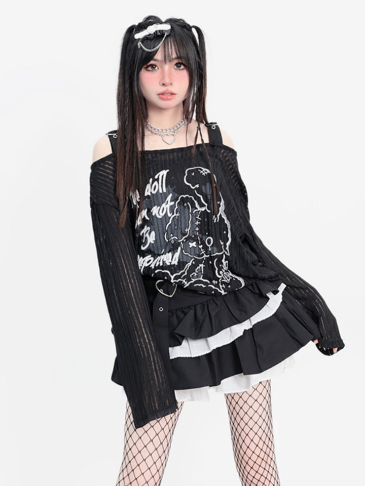 Distressed Bear Gothic Text Print Black Long Sleeve Buckle Strap Top