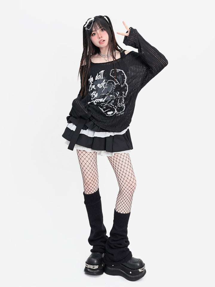 Distressed Bear Gothic Text Print Black Long Sleeve Buckle Strap Top