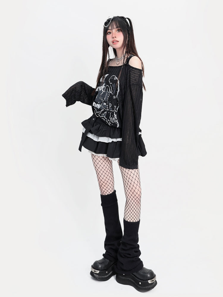 Distressed Bear Gothic Text Print Black Long Sleeve Buckle Strap Top