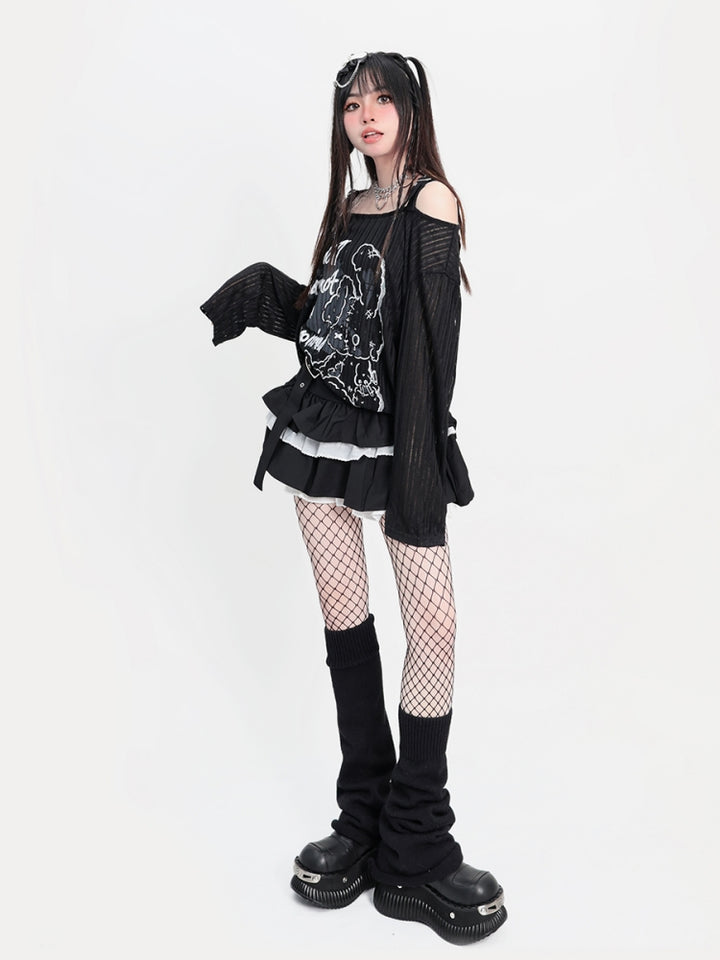 Distressed Bear Gothic Text Print Black Long Sleeve Buckle Strap Top