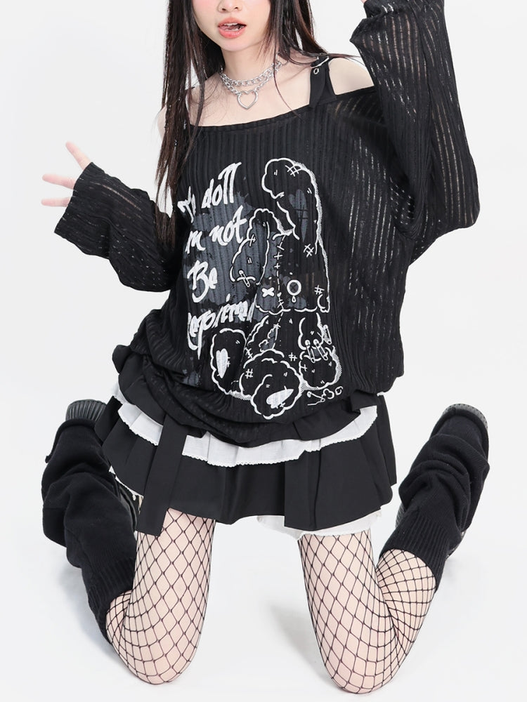 Distressed Bear Gothic Text Print Black Long Sleeve Buckle Strap Top