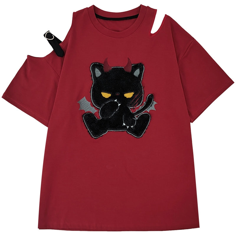 Red Short-Sleeve Devil Cat T-shirt