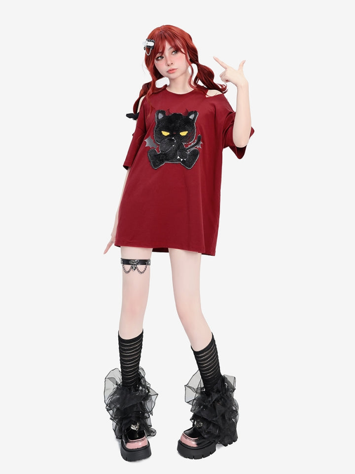 Red Short-Sleeve Devil Cat T-shirt