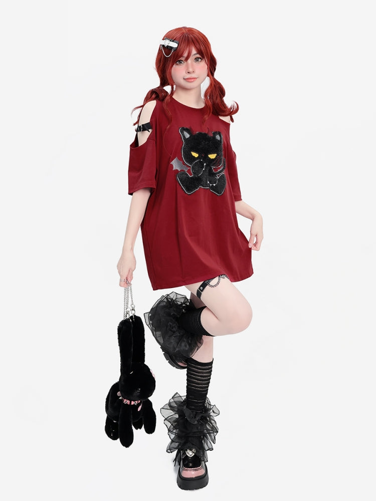Red Short-Sleeve Devil Cat T-shirt