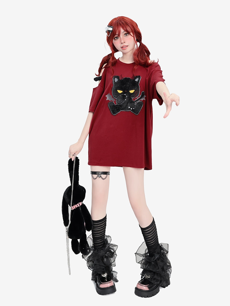 Red Short-Sleeve Devil Cat T-shirt