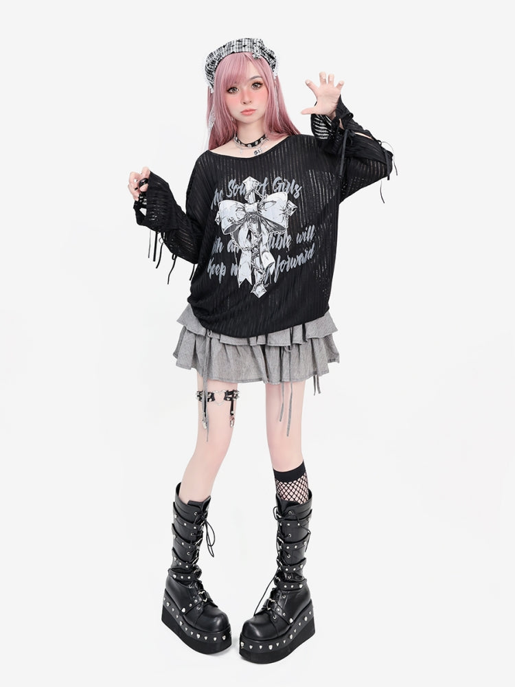 Harajuku Gothic Black Long Sleeve Oversized Top