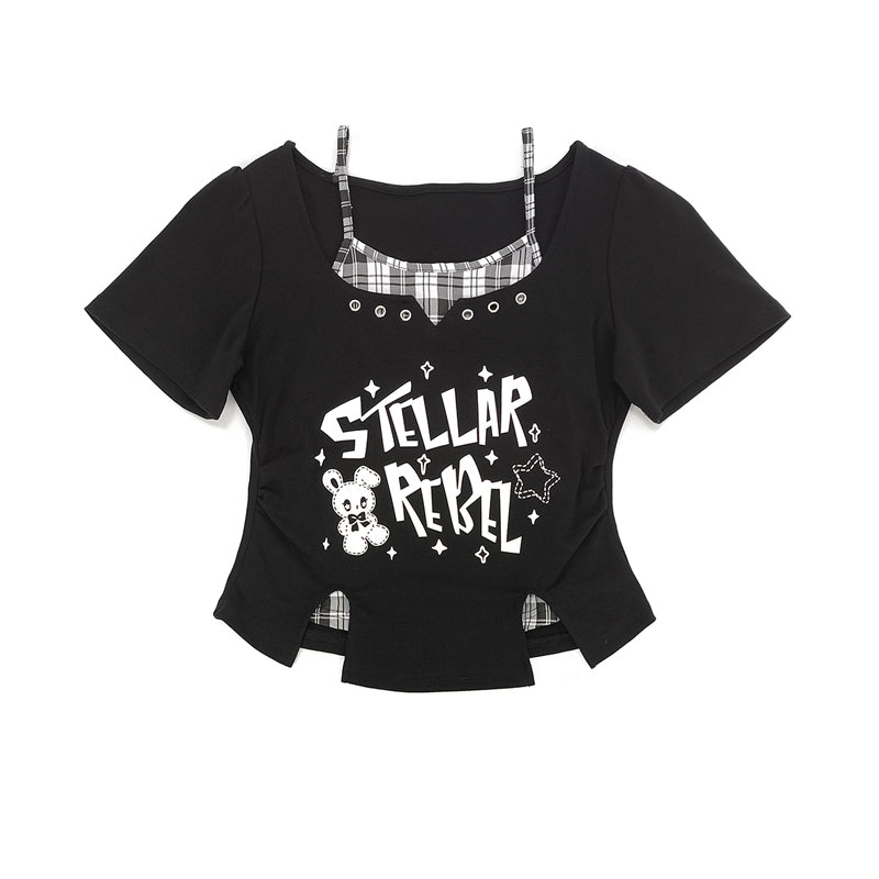 Edgy Eyelet Details Black Short Sleeve Top