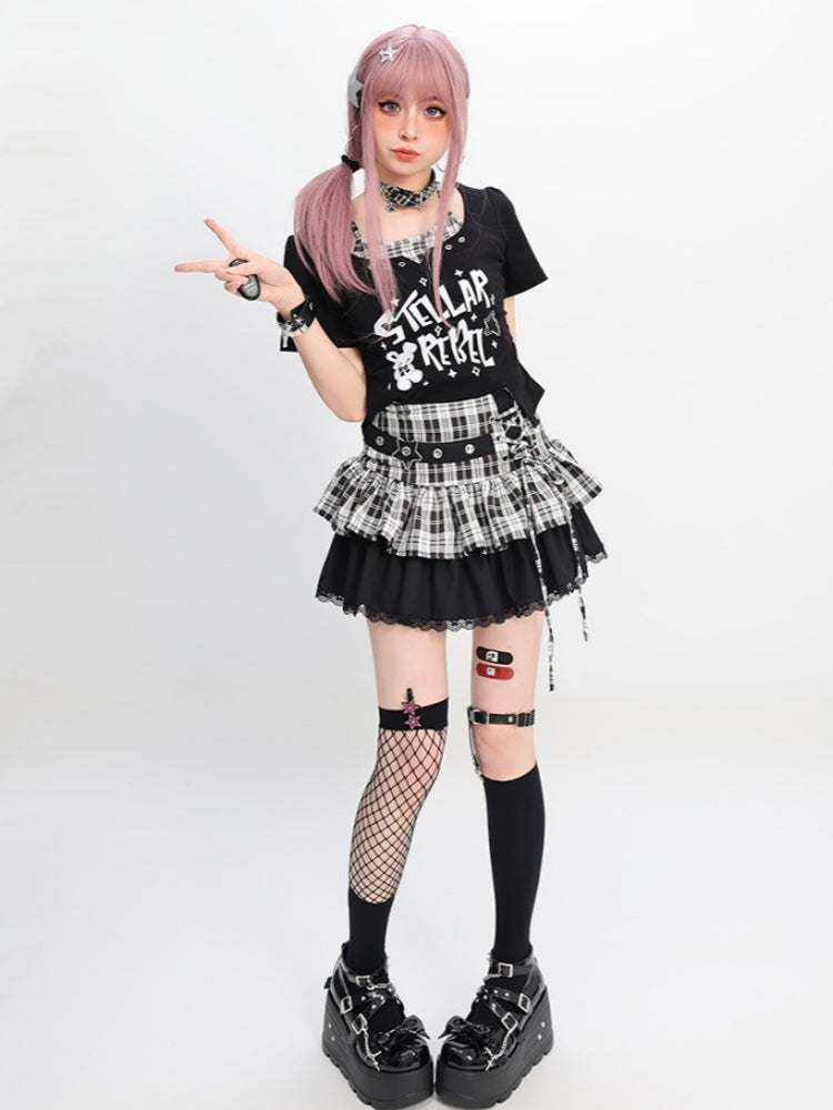 Edgy Eyelet Details Black Short Sleeve Top