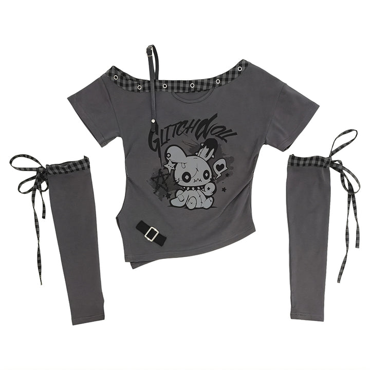 Gothic Doll Letter Printed Detachable Sleeves T-Shirt