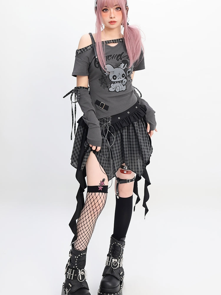 Gothic Doll Letter Printed Detachable Sleeves T-Shirt