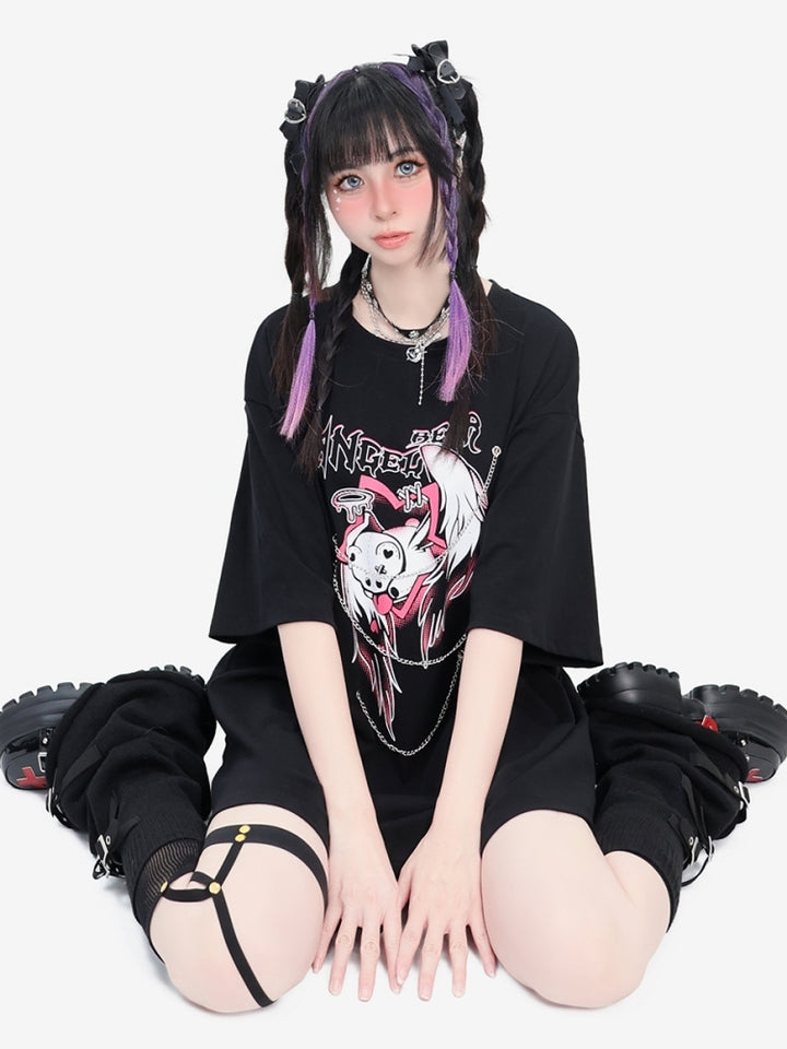 Y2K Punk Subculture Angel Cupid Graphic Chain Accents T-Shirt