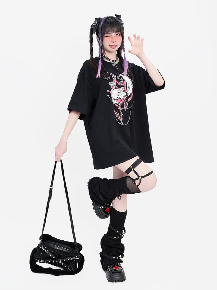 Y2K Punk Subculture Angel Cupid Graphic Chain Accents T-Shirt