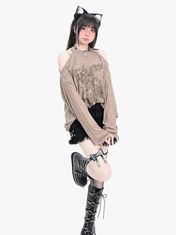 Rose Print Off-Shoulder Long Sleeve Top