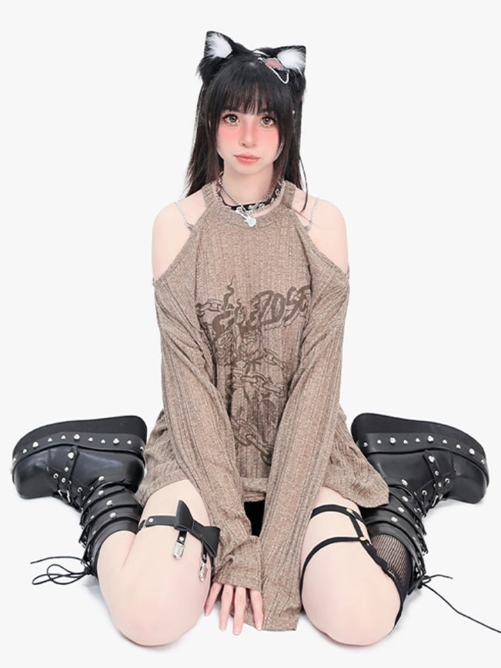 Rose Print Off-Shoulder Long Sleeve Top