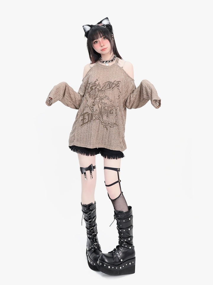 Rose Print Off-Shoulder Long Sleeve Top