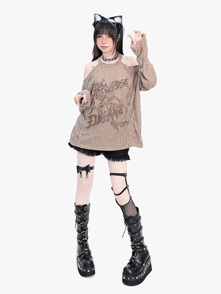 Rose Print Off-Shoulder Long Sleeve Top