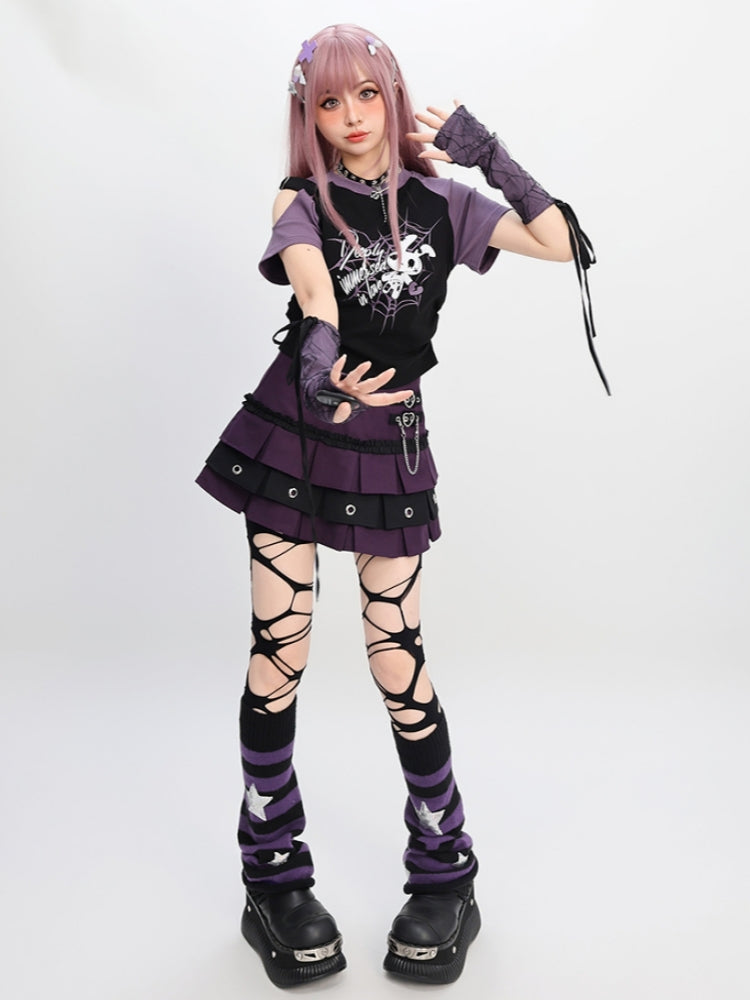 Y2K Light Gothic Off-Shoulder Detachable Sleeve T-Shirt