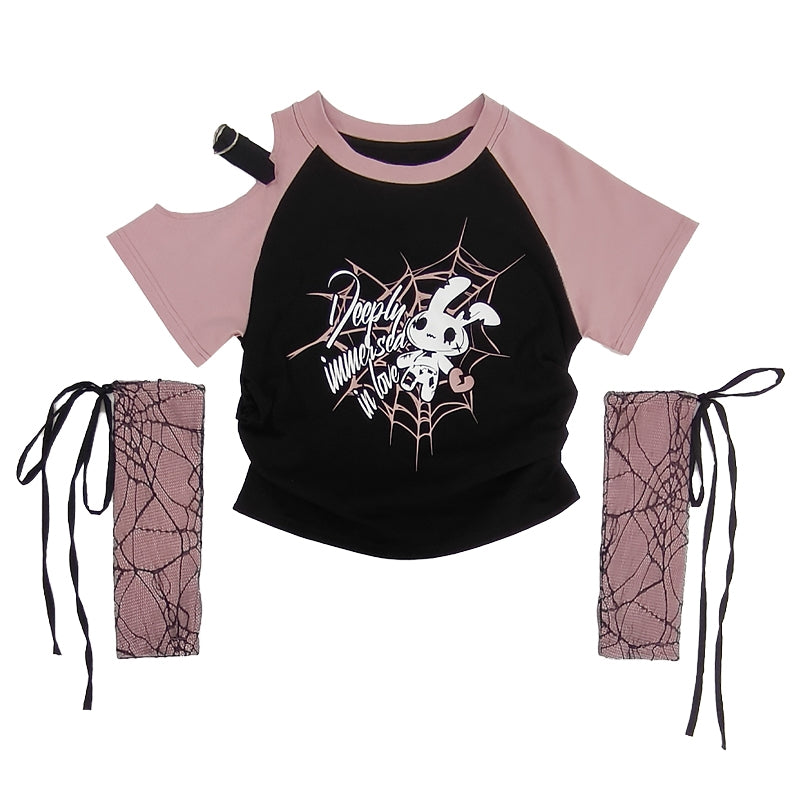 Y2K Light Gothic Off-Shoulder Detachable Sleeve T-Shirt