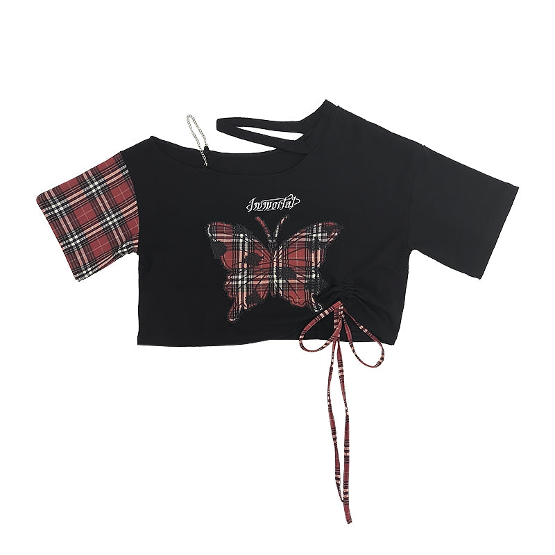 Plaid Butterfly Black Asymmetrical Crop Top