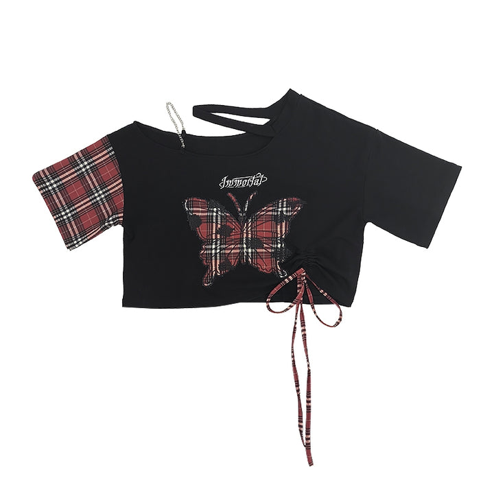 Plaid Butterfly Black Asymmetrical Crop Top