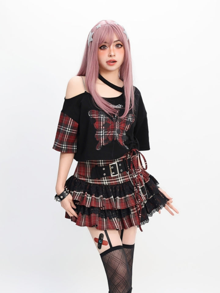 Plaid Butterfly Black Asymmetrical Crop Top