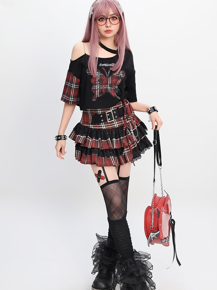 Plaid Butterfly Black Asymmetrical Crop Top