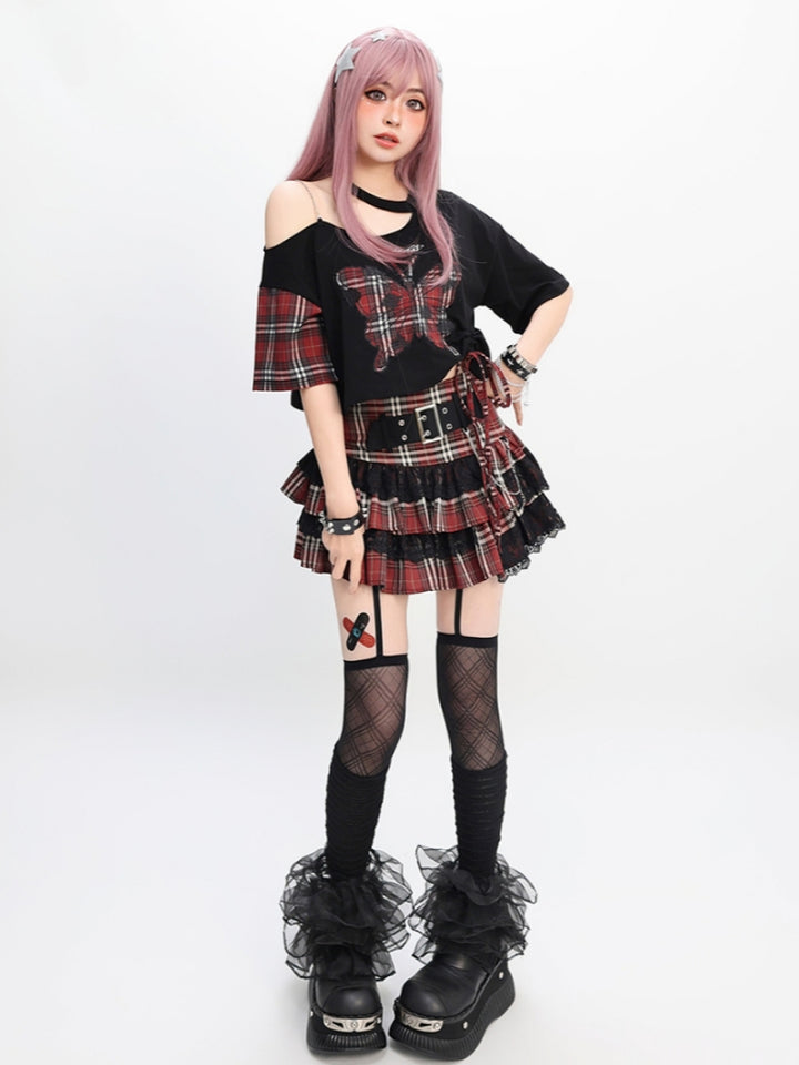 Plaid Butterfly Black Asymmetrical Crop Top