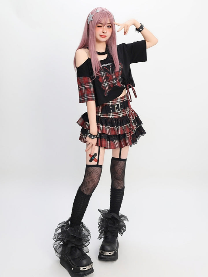 Plaid Butterfly Black Asymmetrical Crop Top