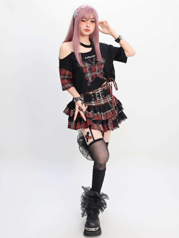 Plaid Butterfly Black Asymmetrical Crop Top