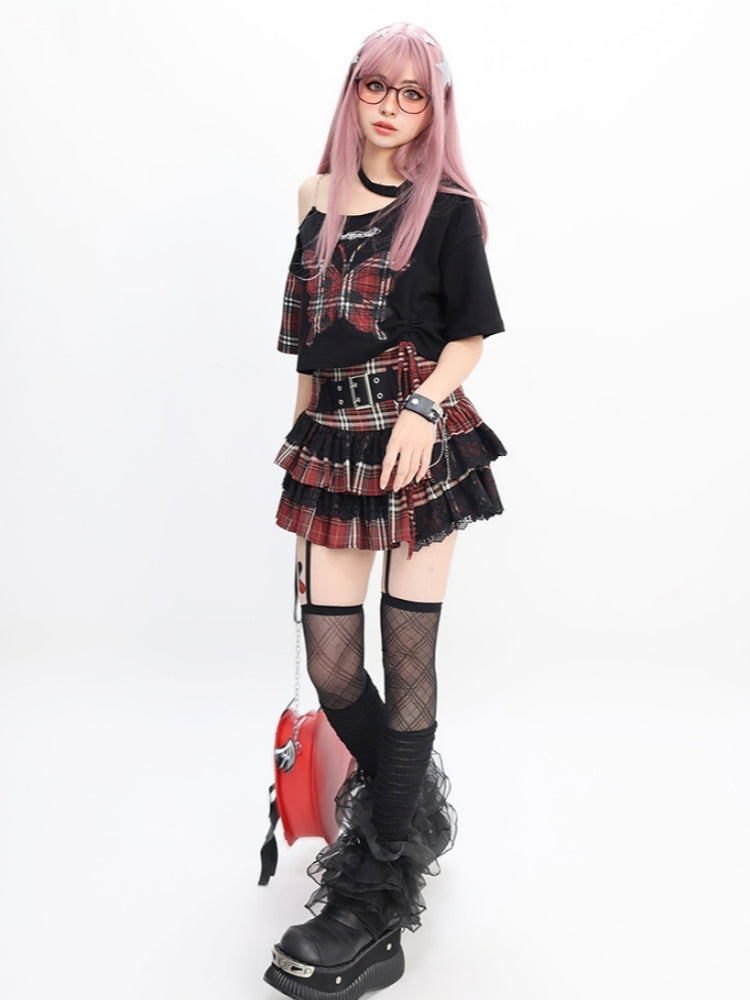Plaid Butterfly Black Asymmetrical Crop Top