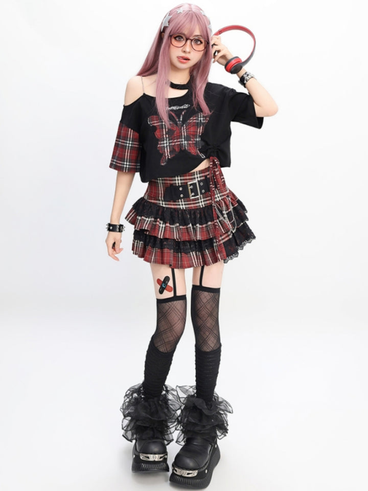 Plaid Butterfly Black Asymmetrical Crop Top