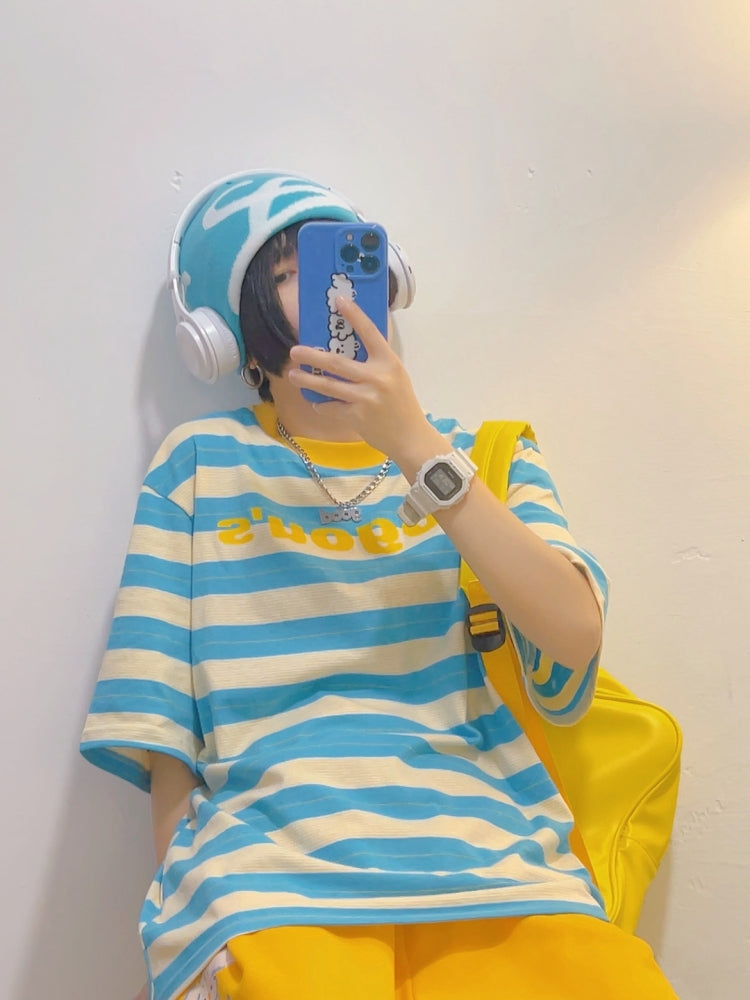 American Vintage Blue Striped Cotton Short-Sleeve T-Shirt