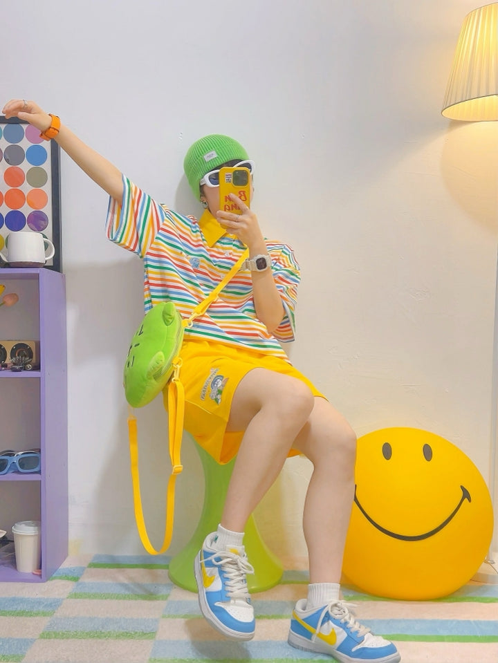 Colorful Striped Polo Collar Short-Sleeve T-Shirt