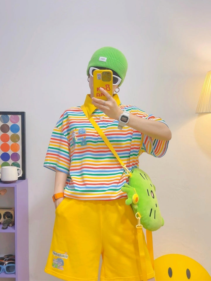 Colorful Striped Polo Collar Short-Sleeve T-Shirt