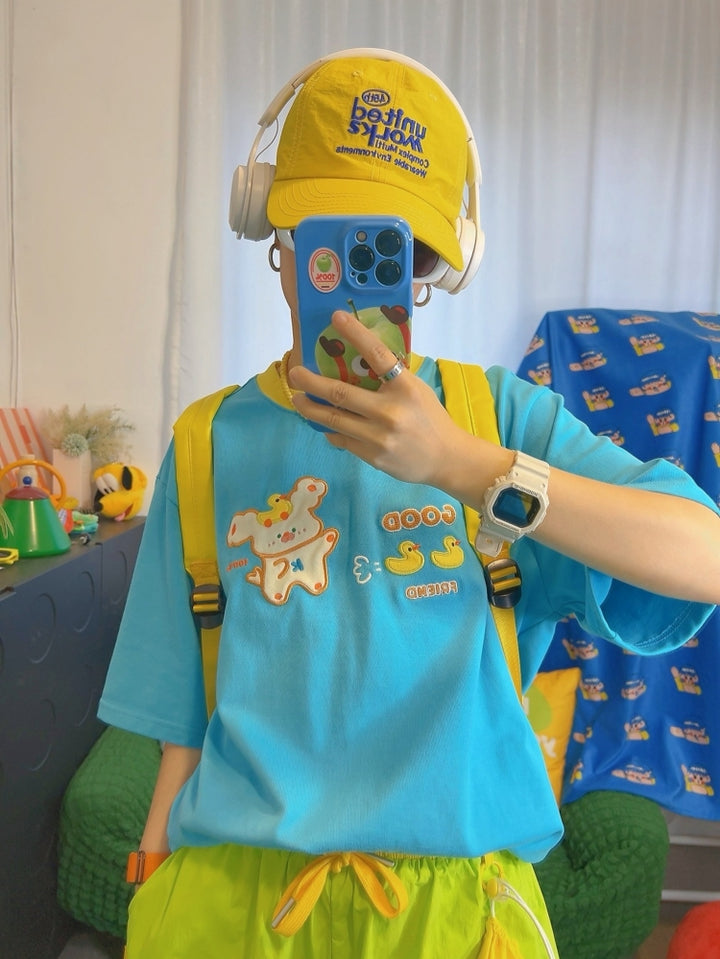 Cute Animal and Duck Graphics Blue T-Shirt