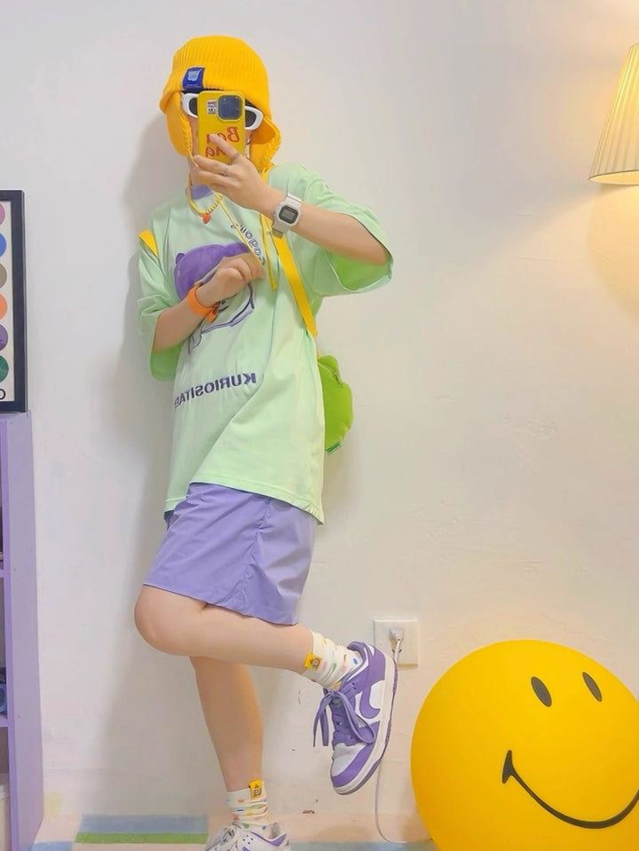 Purple Cartoon and Bold Text Design Green T-Shirt