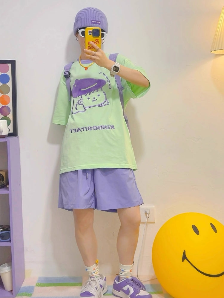 Purple Cartoon and Bold Text Design Green T-Shirt