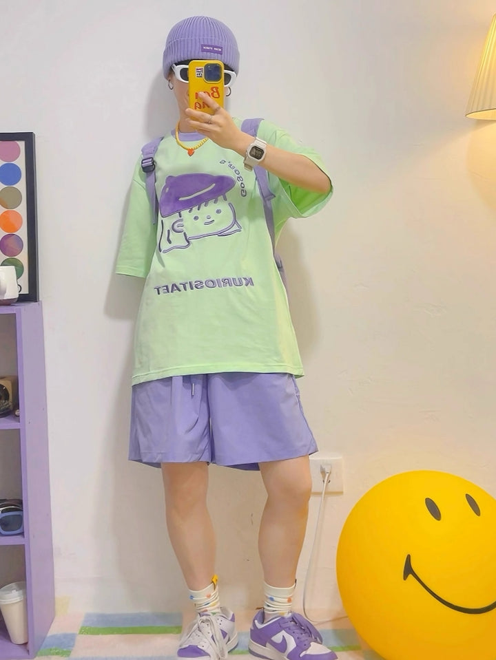 Purple Cartoon and Bold Text Design Green T-Shirt