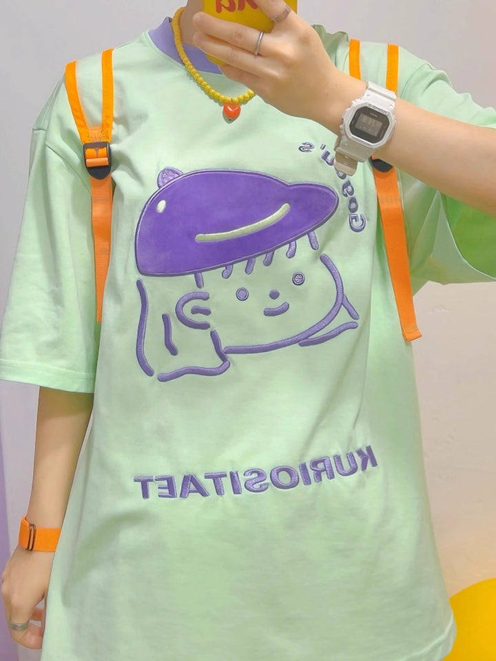 Purple Cartoon and Bold Text Design Green T-Shirt