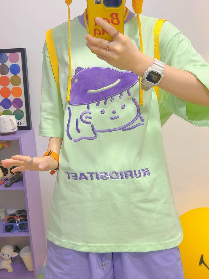 Purple Cartoon and Bold Text Design Green T-Shirt