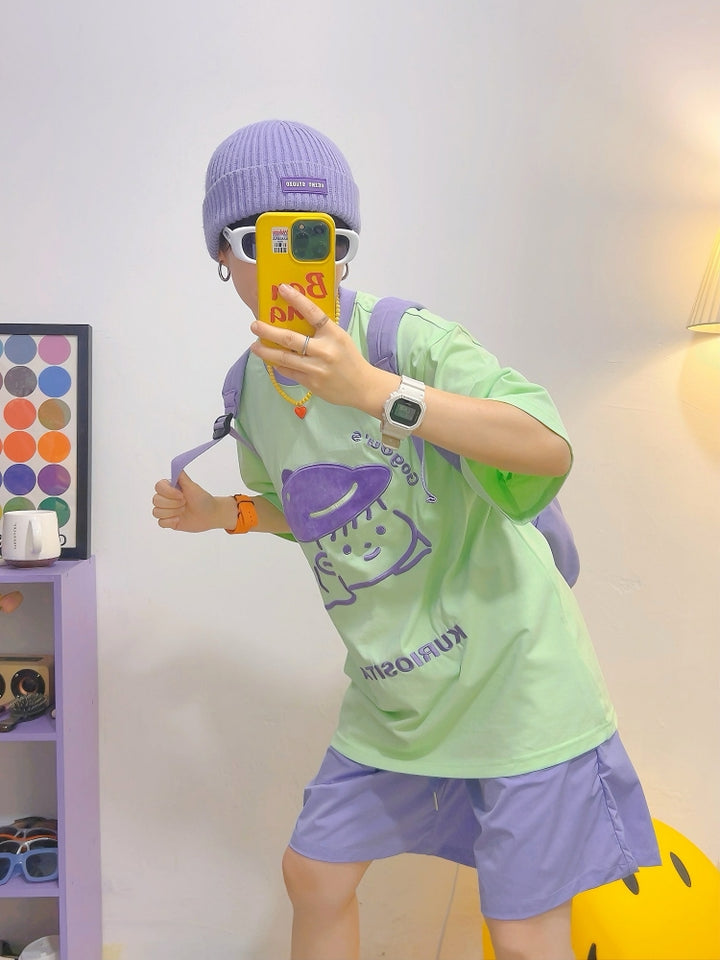 Purple Cartoon and Bold Text Design Green T-Shirt