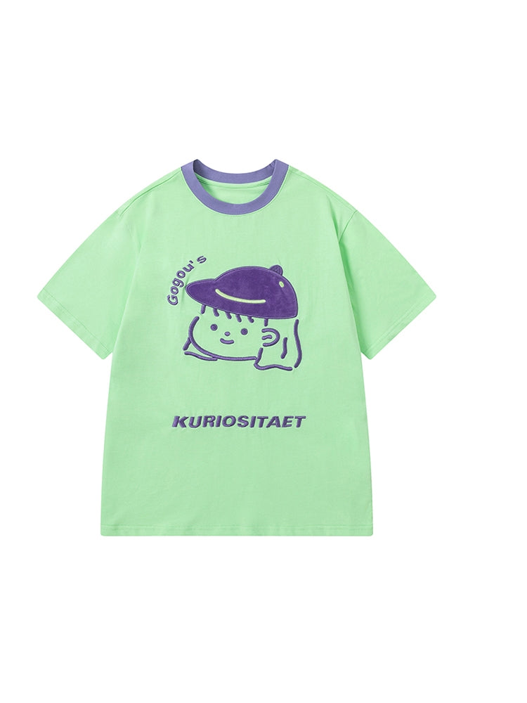 Purple Cartoon and Bold Text Design Green T-Shirt