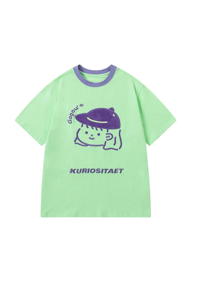 Purple Cartoon and Bold Text Design Green T-Shirt