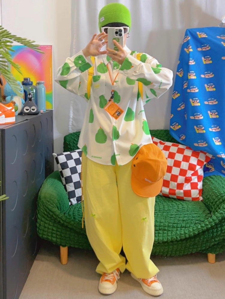 White Chiffon Long-Sleeve Pear Print Shirt