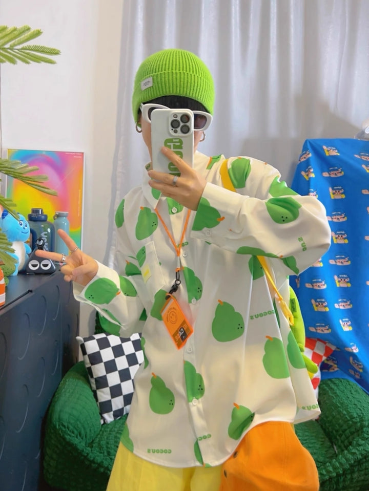 White Chiffon Long-Sleeve Pear Print Shirt