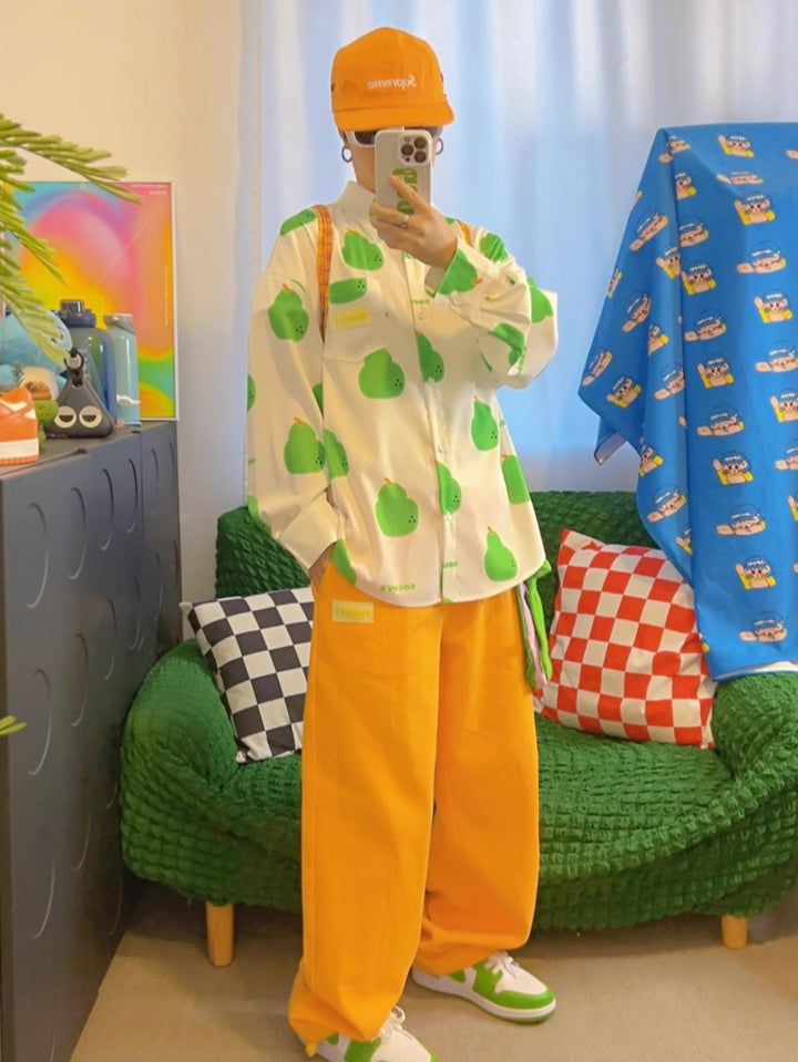 White Chiffon Long-Sleeve Pear Print Shirt