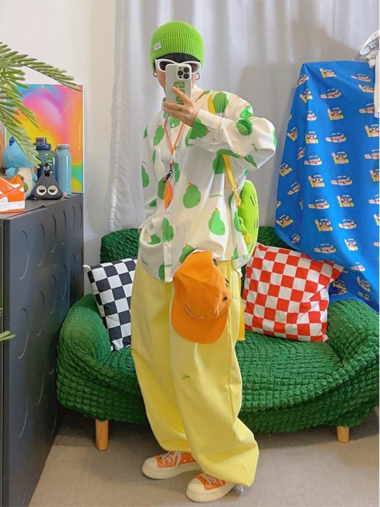 White Chiffon Long-Sleeve Pear Print Shirt