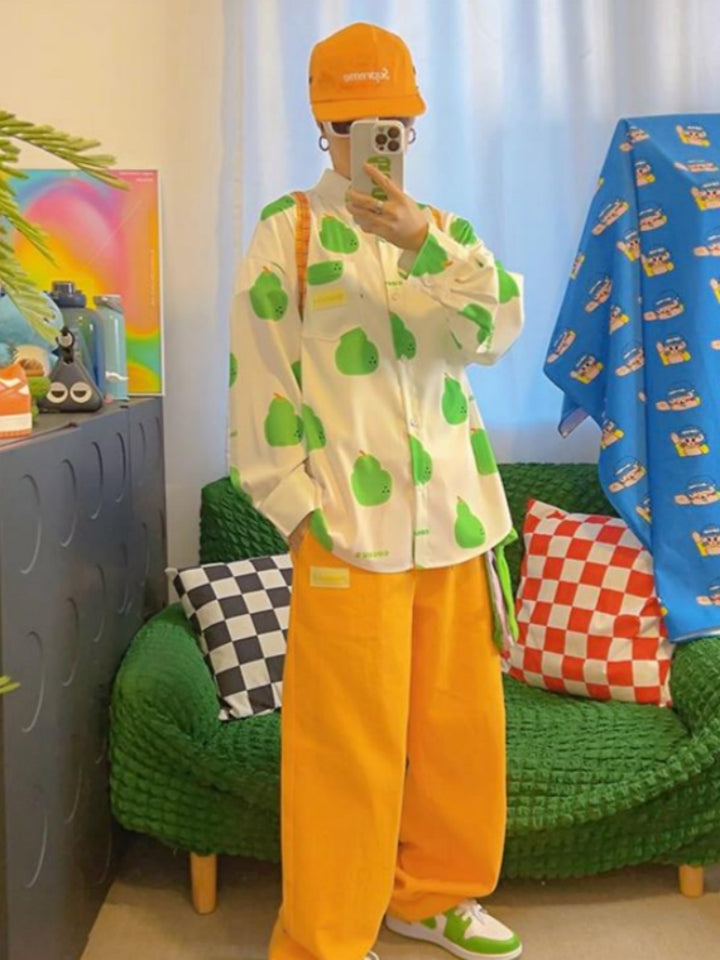 White Chiffon Long-Sleeve Pear Print Shirt